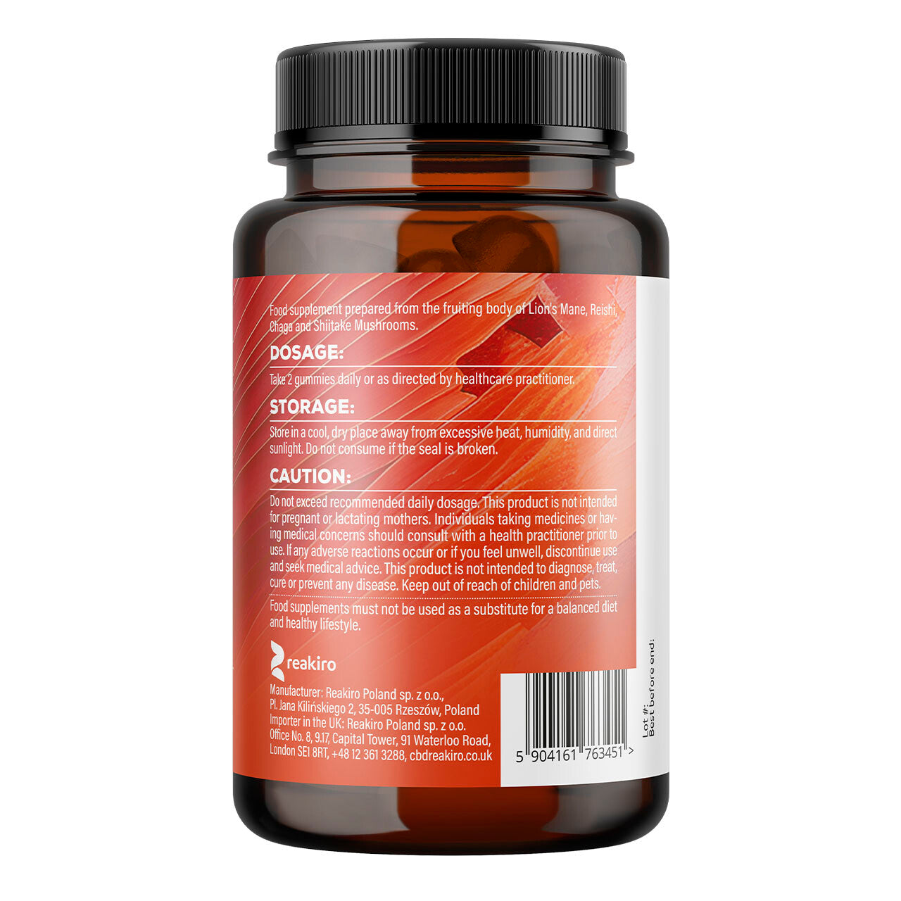 4 Mushroom Gummies Vegan Complex: Lion's Mane, Chaga, Reishi, Shiitake, 60pcs