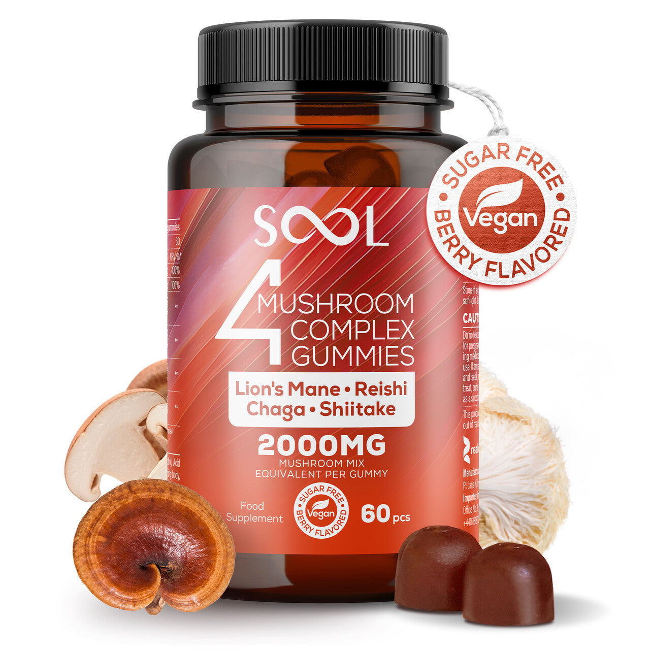 4 Mushroom Gummies 60pcs - Berry Flavour - Lion's Mane, Chaga, Reishi, Shiitake