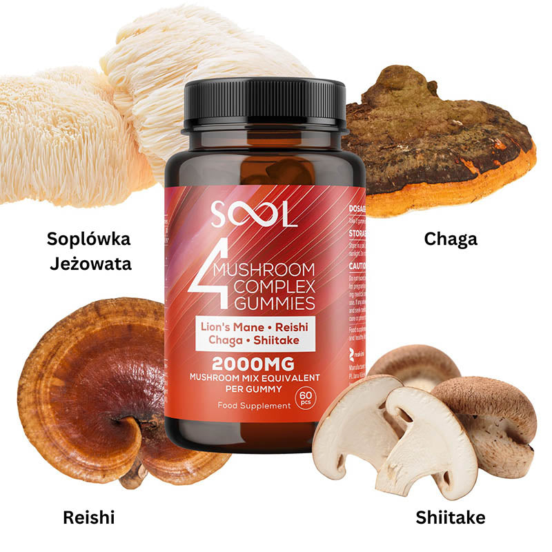 Bottle of SOOL Mushroom Complex Gummies with labeled mushrooms