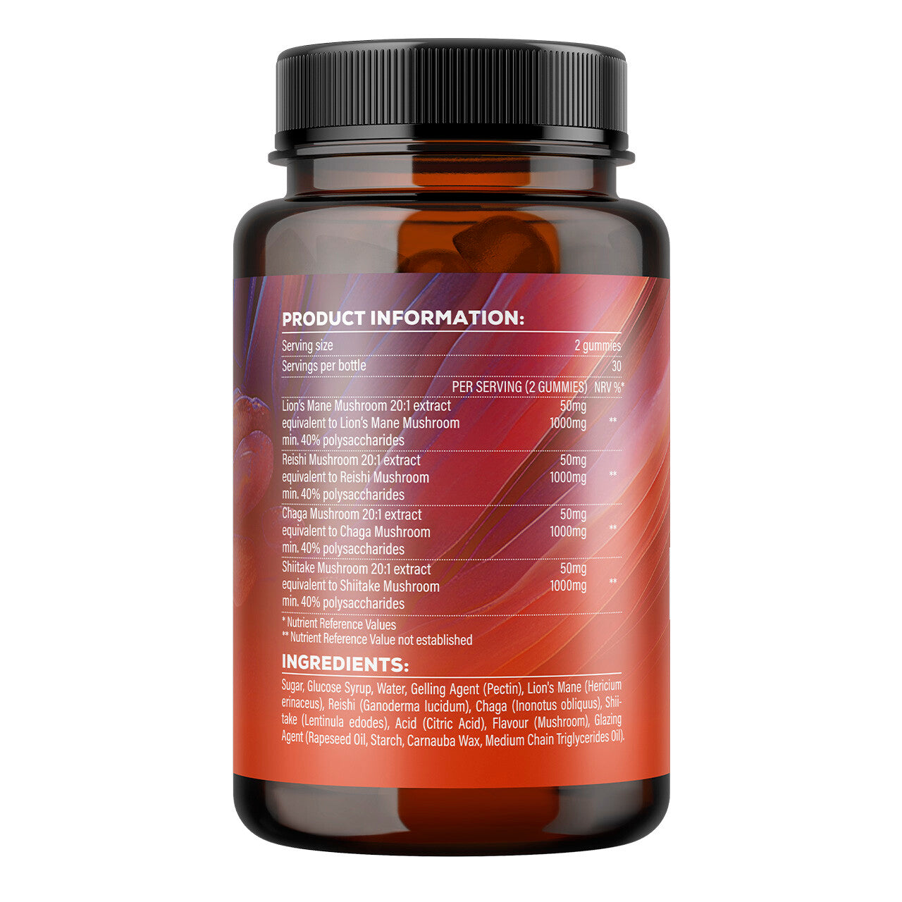 4 Mushroom Gummies Vegan Complex: Lion's Mane, Chaga, Reishi, Shiitake, 60pcs