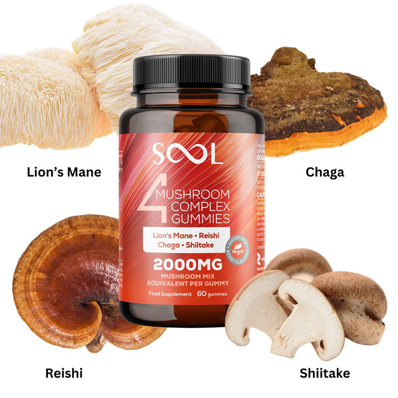 Bottle of SOOL Mushroom Complex Gummies with mushroom ingredients