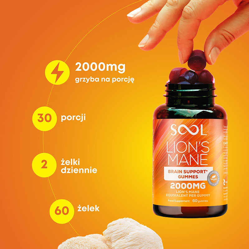 Bottle of SOOL Lion's Mane gummies with text detailing nutritional information.