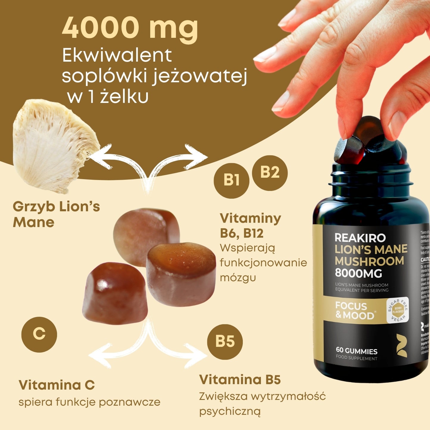 Reakiro Lion`s Mane Mushroom 8000mg with vitamins