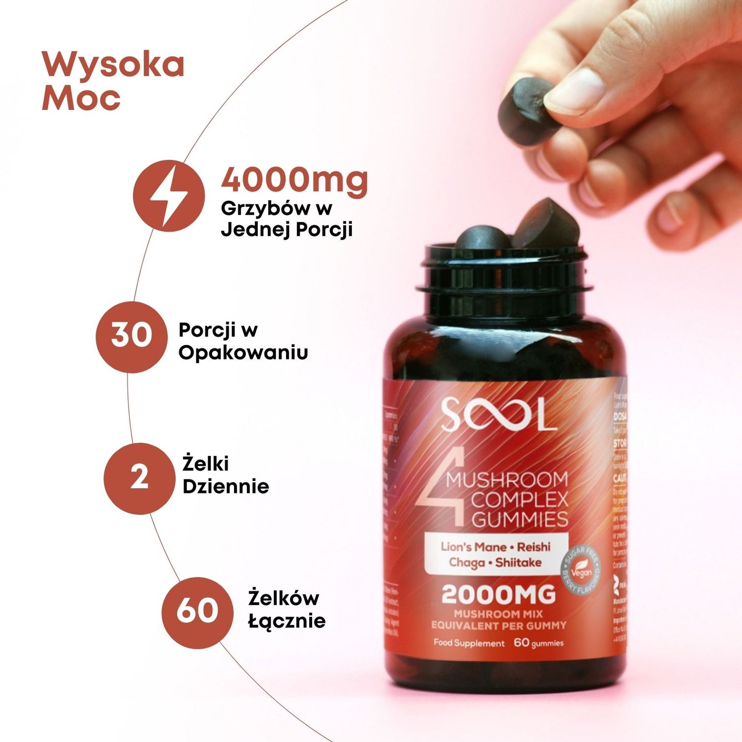 SOOL Żelki Soplówka Jeżowata 2000mg 60szt Pamięć Koncentracja Układu Nerwowego Skład o smaku jagodowym bez cukru