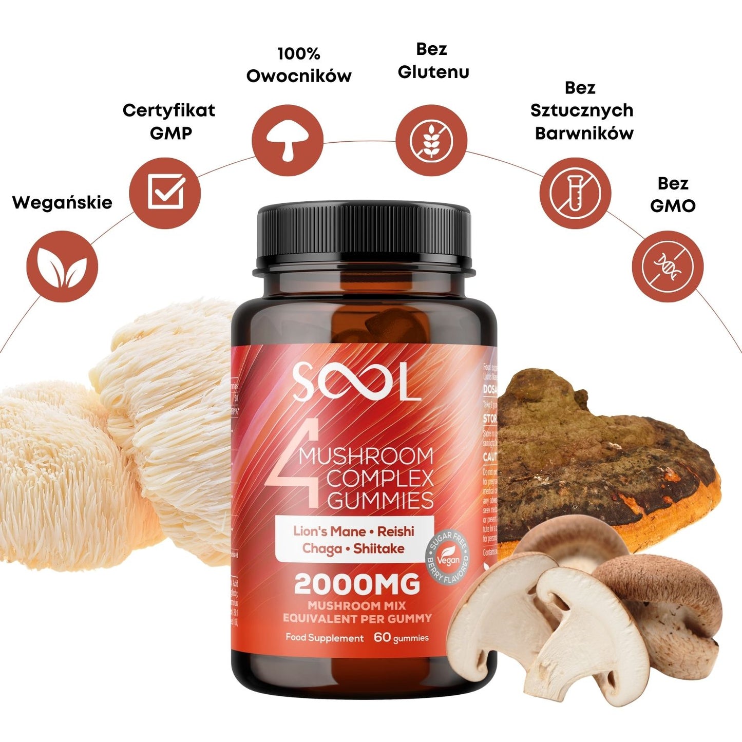 4 Mushroom Gummies 60pcs - Berry Flavour - Lion's Mane, Chaga, Reishi, Shiitake