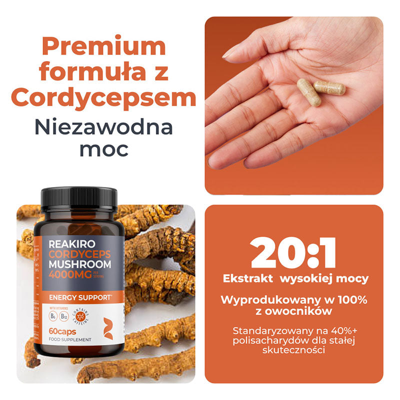 Reakiro Cordyceps 4000mg B6 B12 Maksymalna Moc Energia Odporność Witalność Korzyści 60 kapsułek