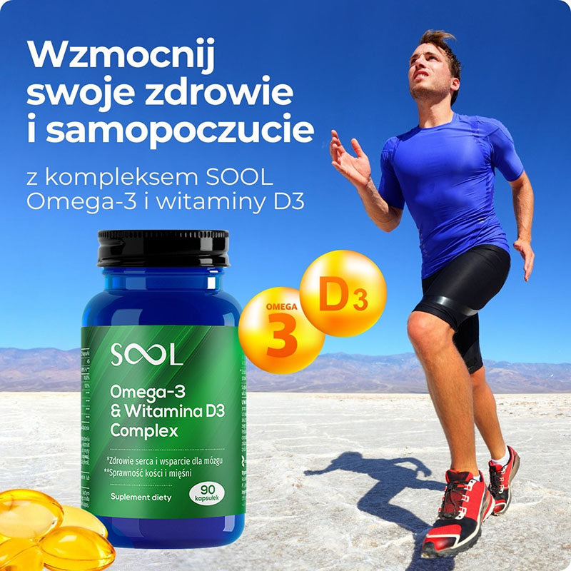 SOOL Omega-3 & Vitamin D3 supplement bottle with a person running outdoors.