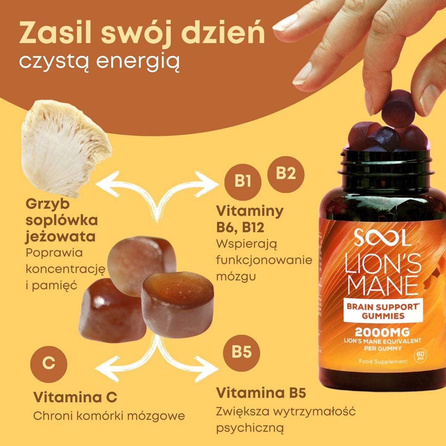 SOOL Żelki Soplówka Jeżowata 2000mg 60szt Pamięć Koncentracja Układu Nerwowego Skład