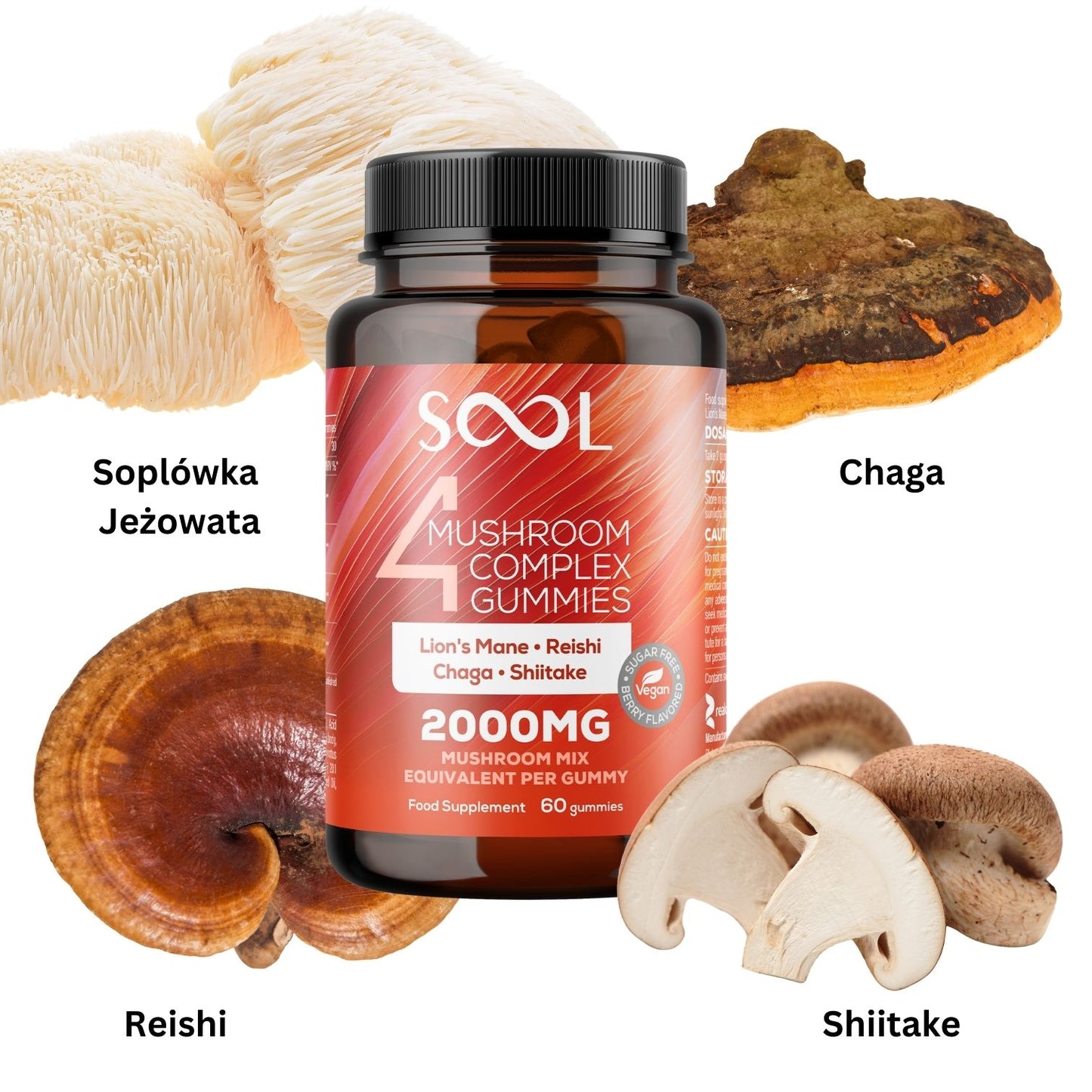 SOOL Żelki Soplówka Jeżowata 2000mg 60szt Pamięć Koncentracja Układu Nerwowego Skład o smaku jagodowym bez cukru