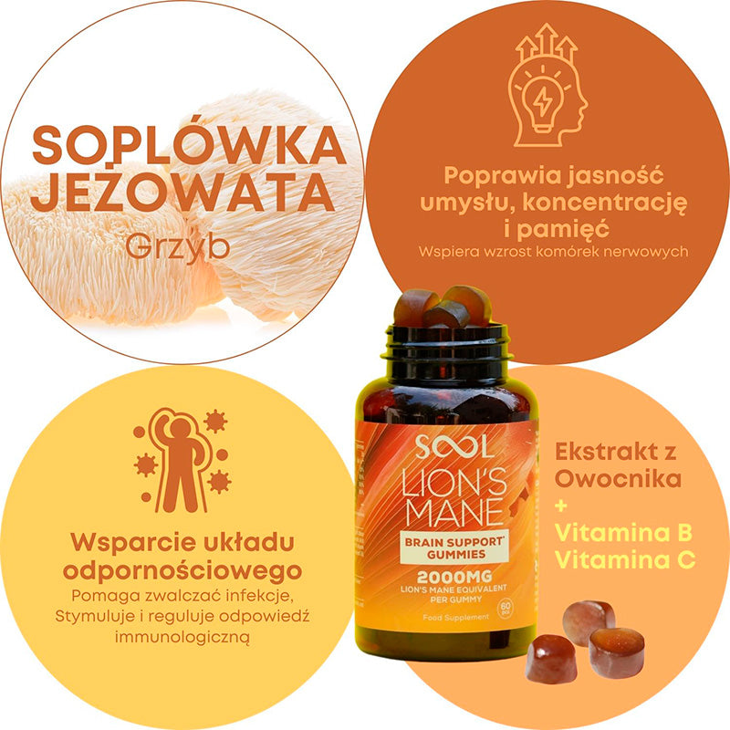SOOL Żelki Soplówka Jeżowata 2000mg 60szt Pamięć Koncentracja Układu Nerwowego  O Smaku Jagodowym Bez Cukru Korzyści