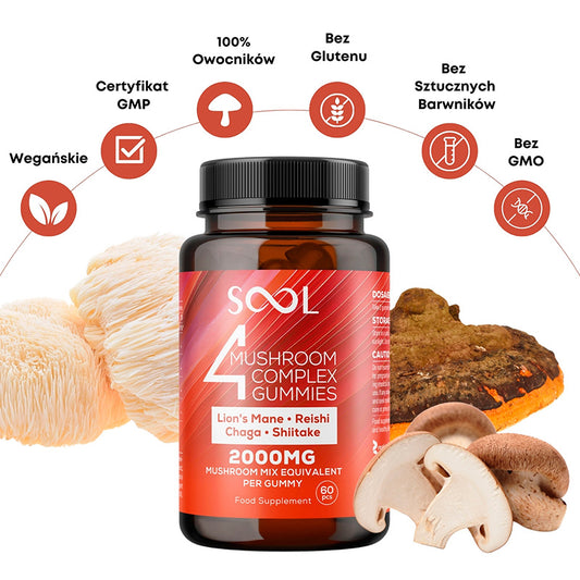 SOOL Żelki z Soplówki Jeżowatej Chagi Reishi Shiitake 60 sztuk Zalety