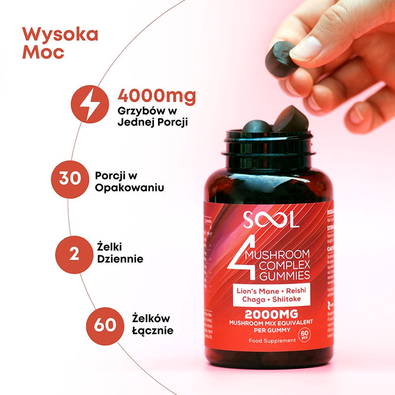 SOOL Żelki z Soplówki Jeżowatej Chagi Reishi Shiitake 60 sztuk Zalety